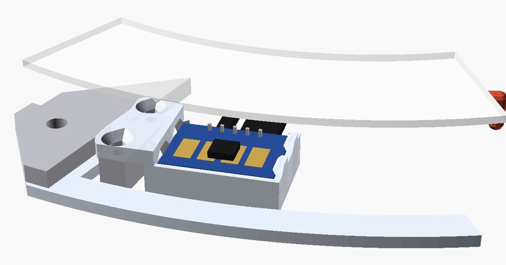 Render of the radar board in a small clear tray under the edge of the frosted glass