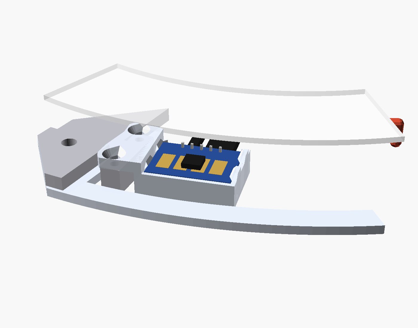 Render of the radar board in its small clear tray under the glass