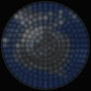 A round disk of soft blue and white clouds that turns gold, then deep red, then back to blue