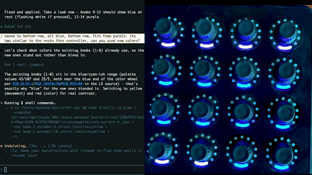 A chat asks for new knob colors; the MIDI Fighter Twister's knobs change to match