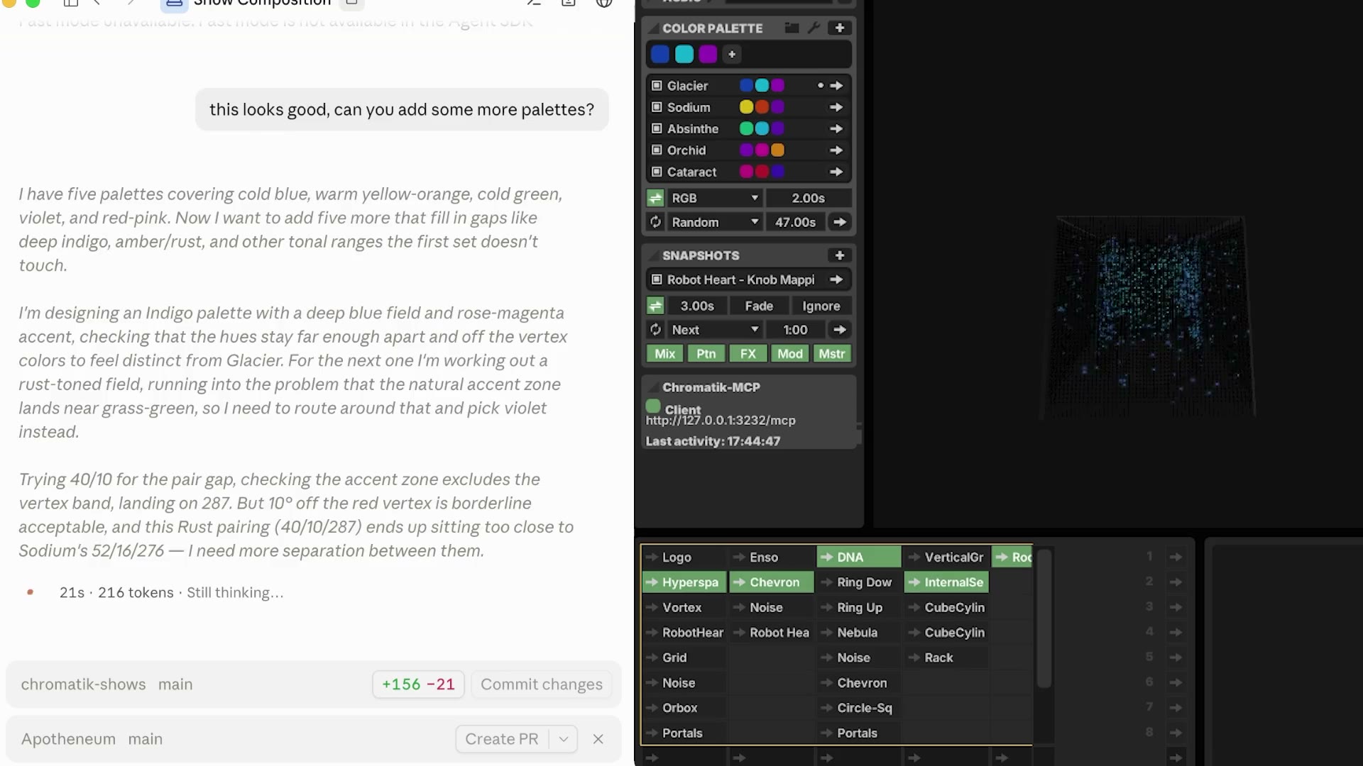 First frame of "FOSS feedback into a palette, through chromatik-mcp"